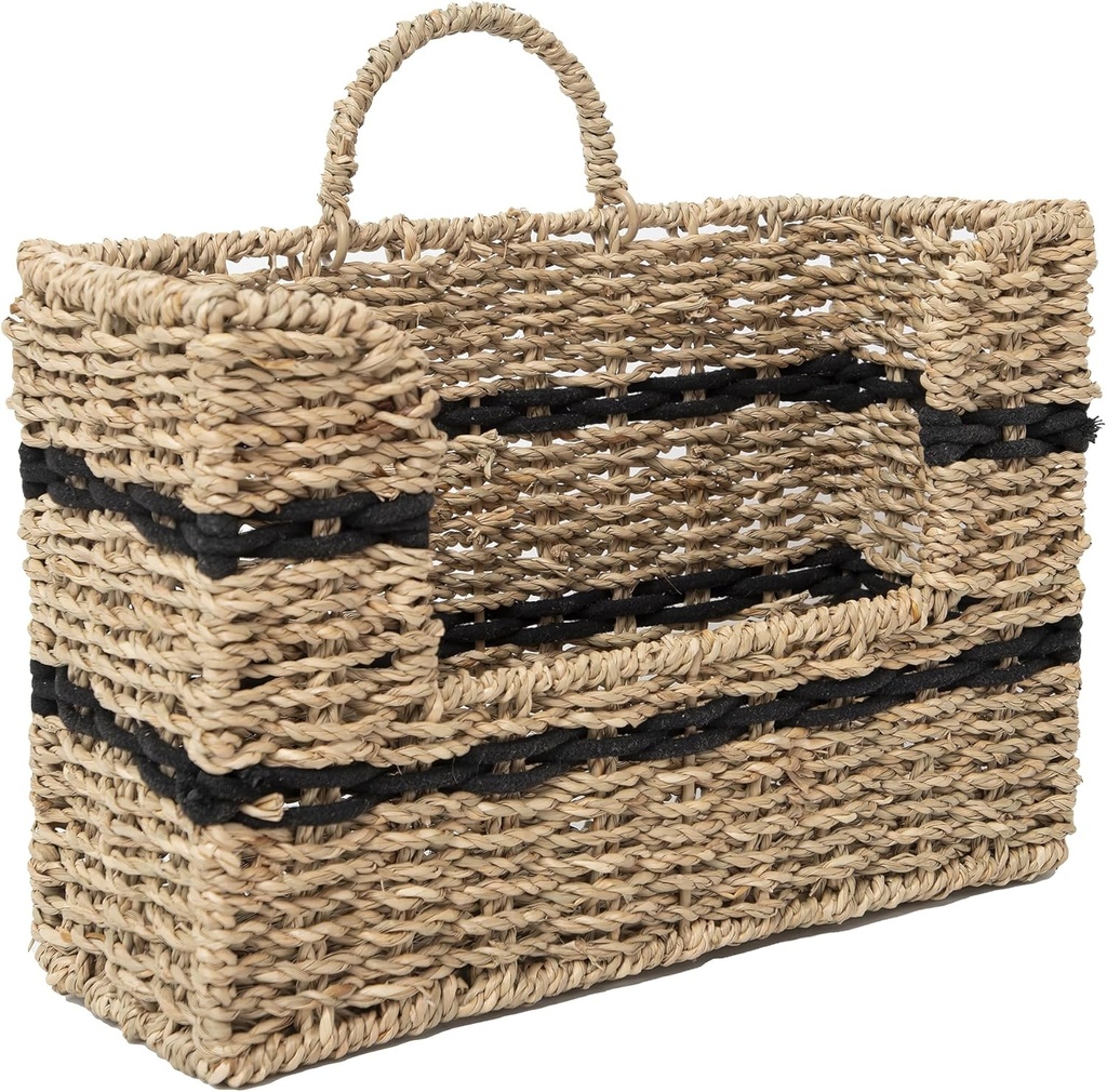 Handmade Seagrass Woven Hanging Basket with Black Cotton Rope - 11.81 x 4.33 x 7.87 Inches - Ideal for Wall Decor & Storage (Rectangular opening)