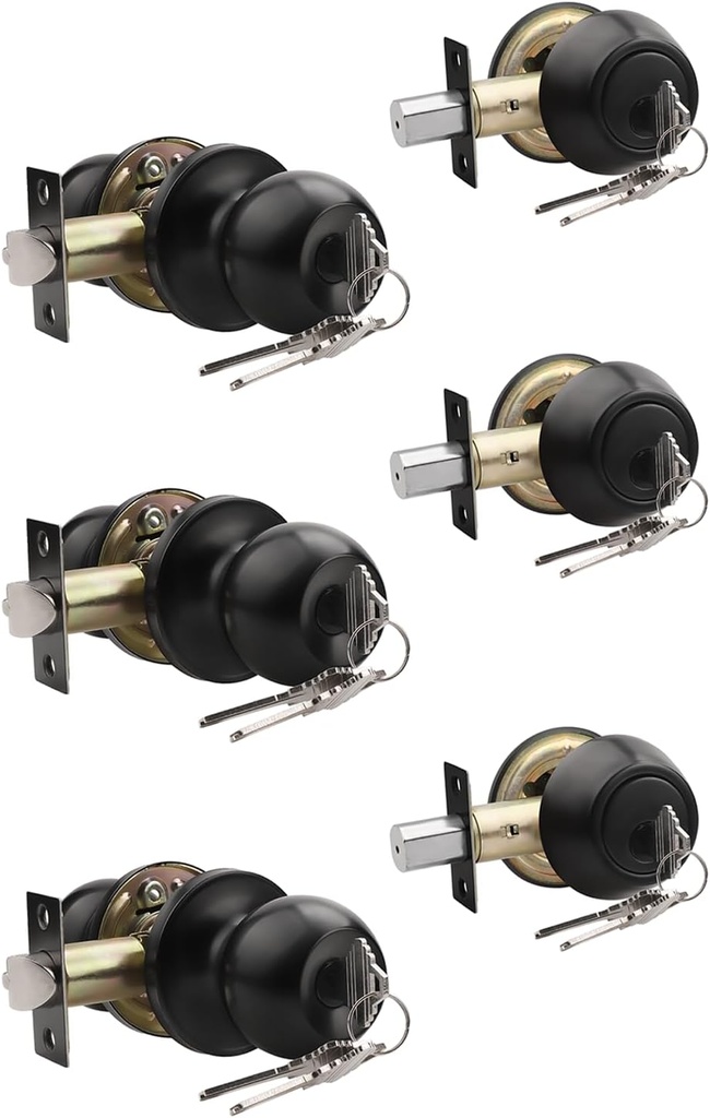 Knobonly Entry Door Knobs and Double Cylinder Deadbolt, Keyed Alike Door Handle Set with Same Keys, Combo Pack for Front Doors-Keyed on Both Side, Matte Black Finish, Contractor Pack of 3 Set