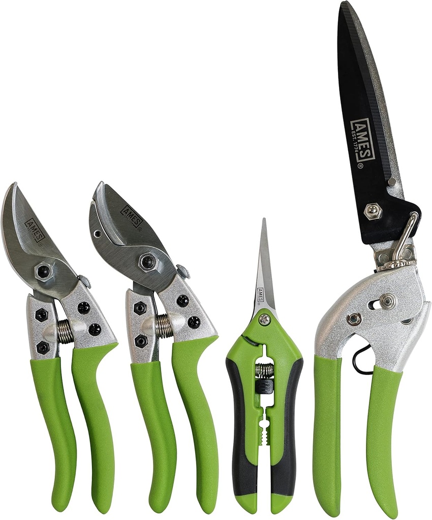AMES 20213344 4-pc. Pruning Tools Kit with Bypass & Anvil Pruners, Garden Snips, Grass Shears & Canvas Case