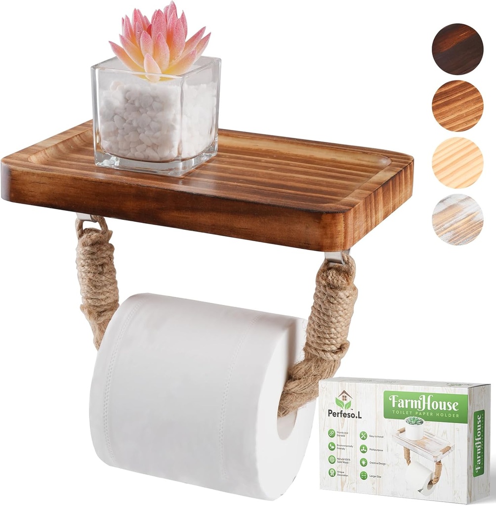 Farmhouse Toilet Paper Holder–Beach Rope Bathroom Decor, Wood Toilet Paper Roll Holder with Shelf, Nautical Bathroom Accessory Tissue Holder Towel Rack–Rustic Brown