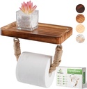 Farmhouse Toilet Paper Holder–Beach Rope Bathroom Decor, Wood Toilet Paper Roll Holder with Shelf, Nautical Bathroom Accessory Tissue Holder Towel Rack–Rustic Brown