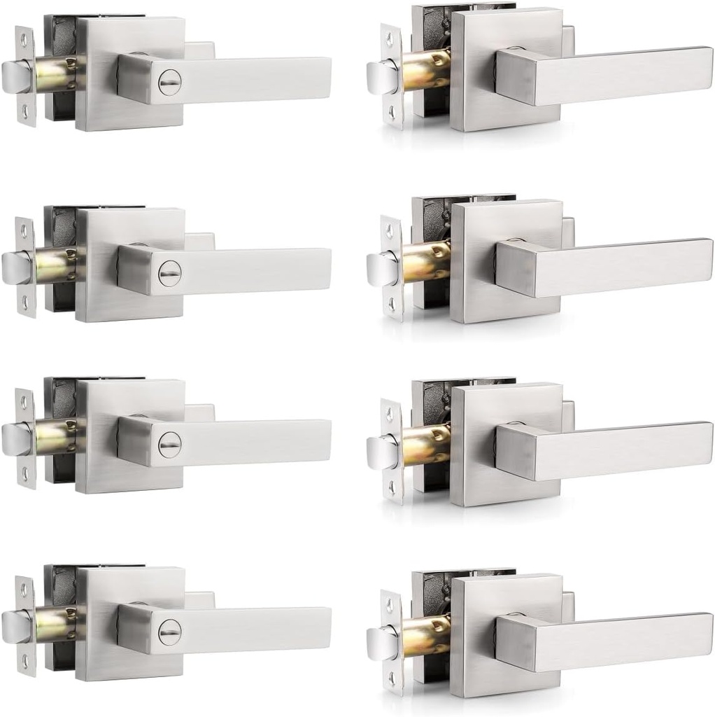 Probrico 4 Pack Privacy Door Levers and (4 Pack) Passage Door Levers Bundle, Satin Nickel Interior Door Handles for Bath/Bed and Hall/Closet,Heavy Duty