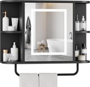 Bathroom Wall Cabinet with Mirror, Mirrored Medicine Cabinet with 3 Colors LED Light and 4 Open Shelves, Wall Mounted Over Toilet Storage Cabinets with Adjustable Shelf, 21.7"L x 6.7"W x 18.1"H, Black