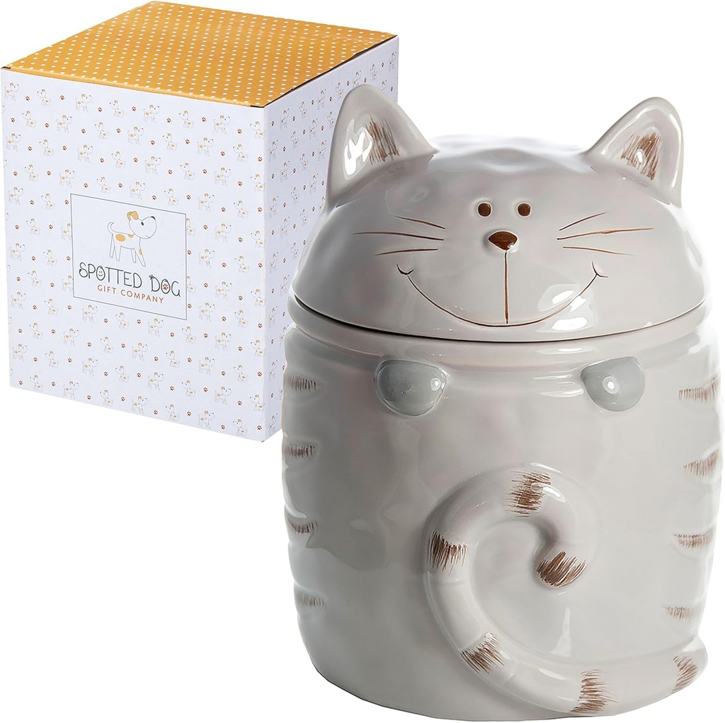 SPOTTED DOG GIFT COMPANY Ceramic Cookie Jar with Lid, Large Cat Treat Container for Cookies & Biscuits, Cute Novelty Kitchen Storage for Countertop, Gifts for Cat Lovers - 47oz Gray