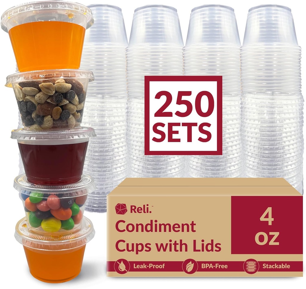 Reli. 4 oz Small Containers with Lids (250 Sets) | Jello Shot Cups with Lids | Clear Plastic Condiment Containers | Portion Cups, Sauce, Souffle | Stackable | Bulk