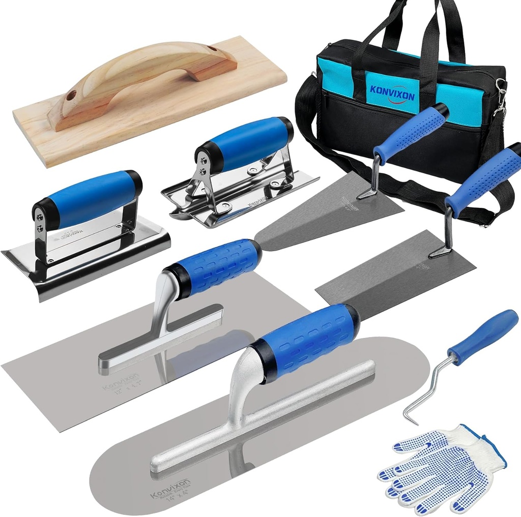 10PCS Concrete Trowel Set, Masonry Hand Tool Set Includes Large Flat Finishing and Pool Trowel, Wood Float, Concrete Edger and Groover, Margin Gauging, Wire Twister, Gloves & Carry Bag