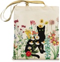Black Cat Canvas Tote Bag with Zipper Pockets Vintage Flowers Cute Tote Bag Aesthetic Reusable Shopping Grocery Bags Birthday Gifts for Women