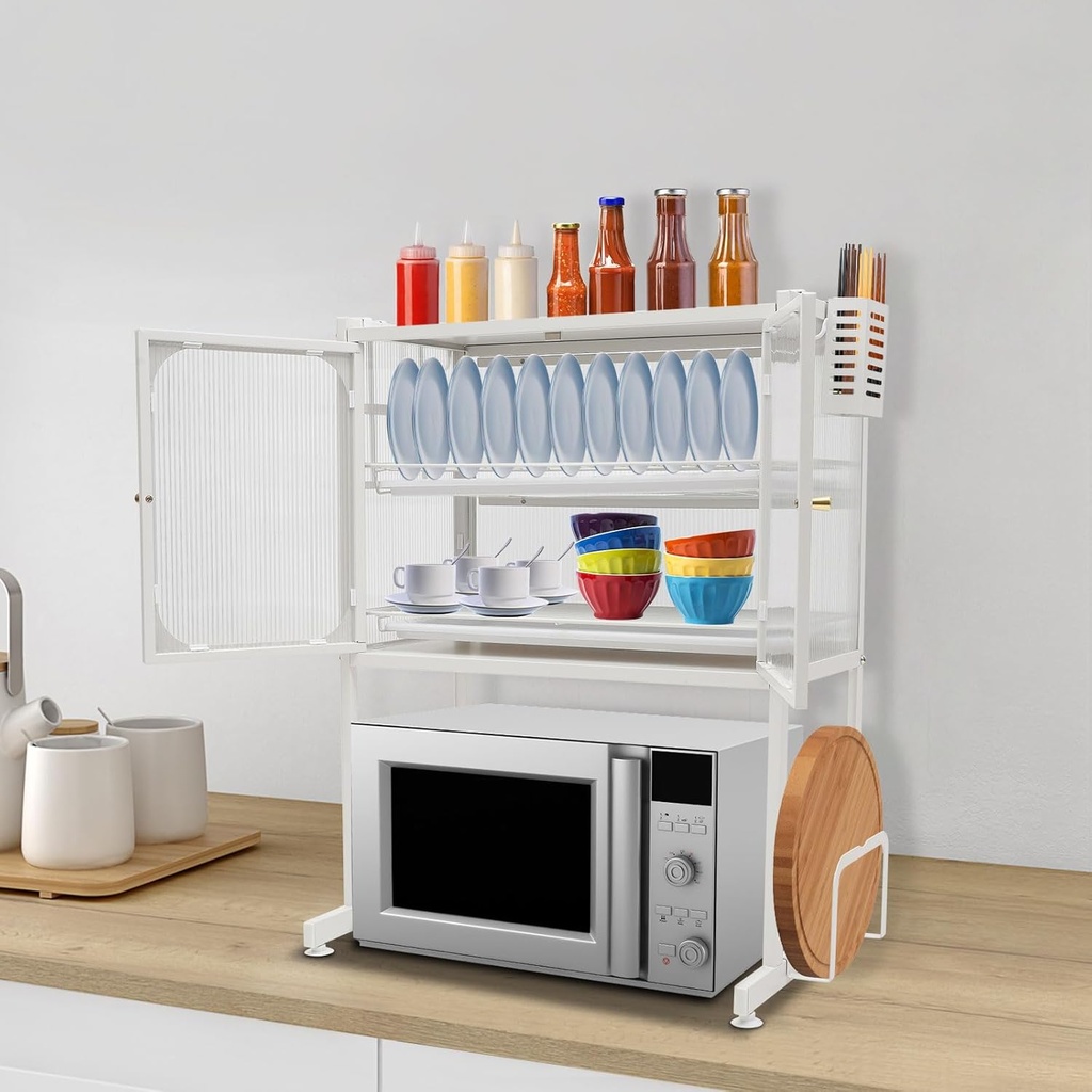 Countertop Microwave Stand, Vertical Microwave Oven Rack with Cabinet 3-Tier Metal Kitchen Shelf Organizer Over Sink Kitchen Utensils Cabinet with Hooks and Knife Holder Chopping Board Holder (White)
