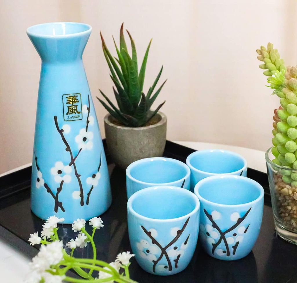 Ebros Traditional Ceremony Sky Blue Porcelain Earthenware With White Sakura Cherry Blossoms Design Japanese Rice Wine Sake Set Consisting Of 1 Black Tokkuri Serving Flask 8oz And 4 Ochoko Cups