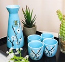 Ebros Traditional Ceremony Sky Blue Porcelain Earthenware With White Sakura Cherry Blossoms Design Japanese Rice Wine Sake Set Consisting Of 1 Black Tokkuri Serving Flask 8oz And 4 Ochoko Cups