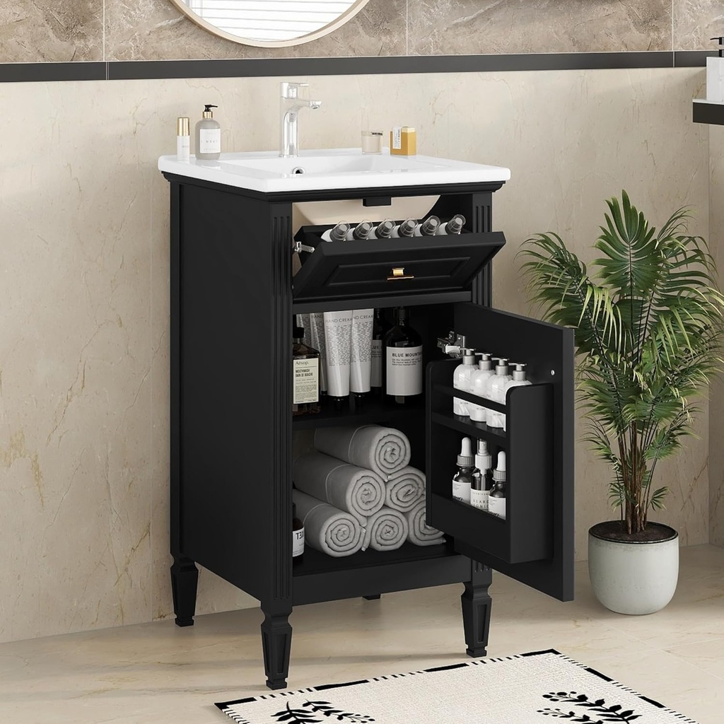 Merax 20 Inch Black Small Bathroom Vanity with Sink, Storage Cabinet with Tip-Out Drawer and Door Rack Organizer, Adjustable Shelf