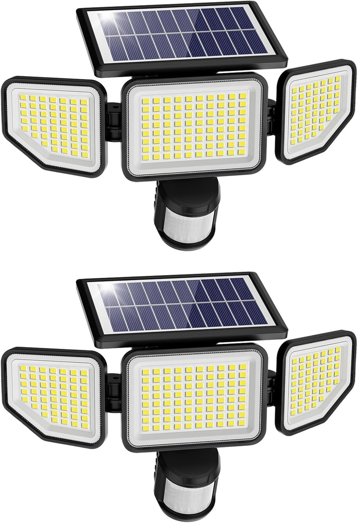 Onforu 4500LM Solar Lights Outdoor, 3 Heads Security Lights with Remote Control, IP65 Waterproof Motion Sensor Lights, 3 Modes Flood Lights for Wall, Porch, Yard, Outside, 2 Pack