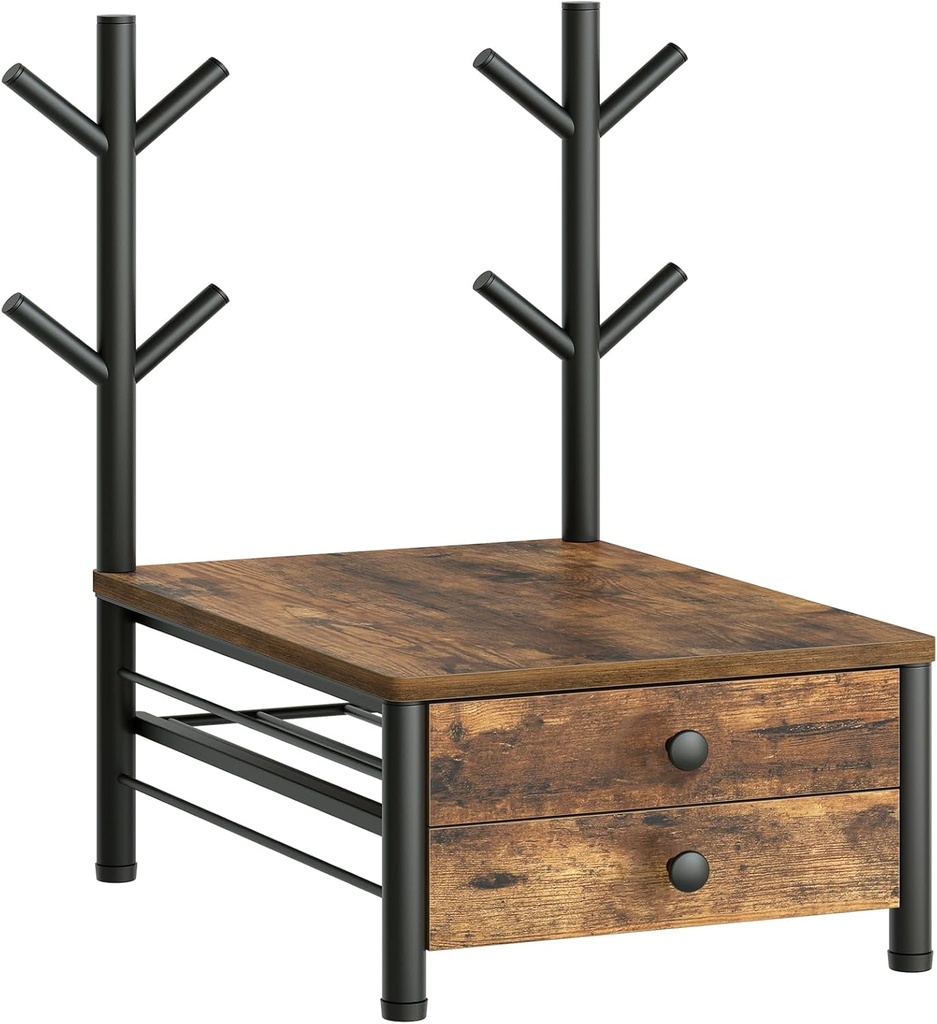 Coffee Pod Drawer Holder, 2-Tier Coffee Pod Organizer with Mug Holders, Small Desktop Storage Rack, 56 Pods Capacity, for Home Office, Kitchen, Cafe, Rustic Brown KH38BR