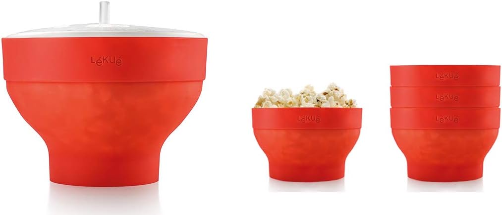Lekue Jumbo Popcorn Maker with 4 Collapsible Bowls - Platinum Silicone Microwavable Popcorn Bowl Set, Fresh Popcorn in Minutes - Space-Saving & Dishwasher Safe - Healthy Popcorn Recipes included