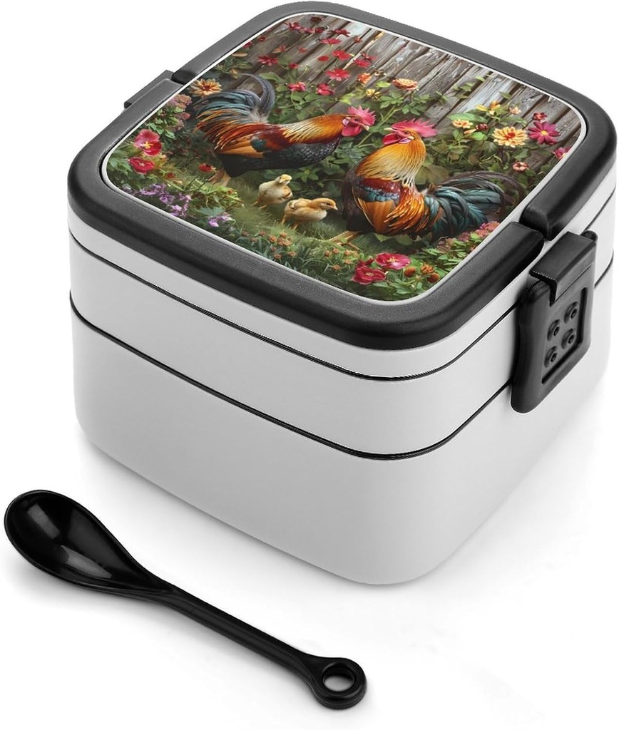 Chicken Rooster Garden Flowers Bento Box with 2 Compartments Adult Lunch Box Lunch Container for Meal Prep Work And Outdoors