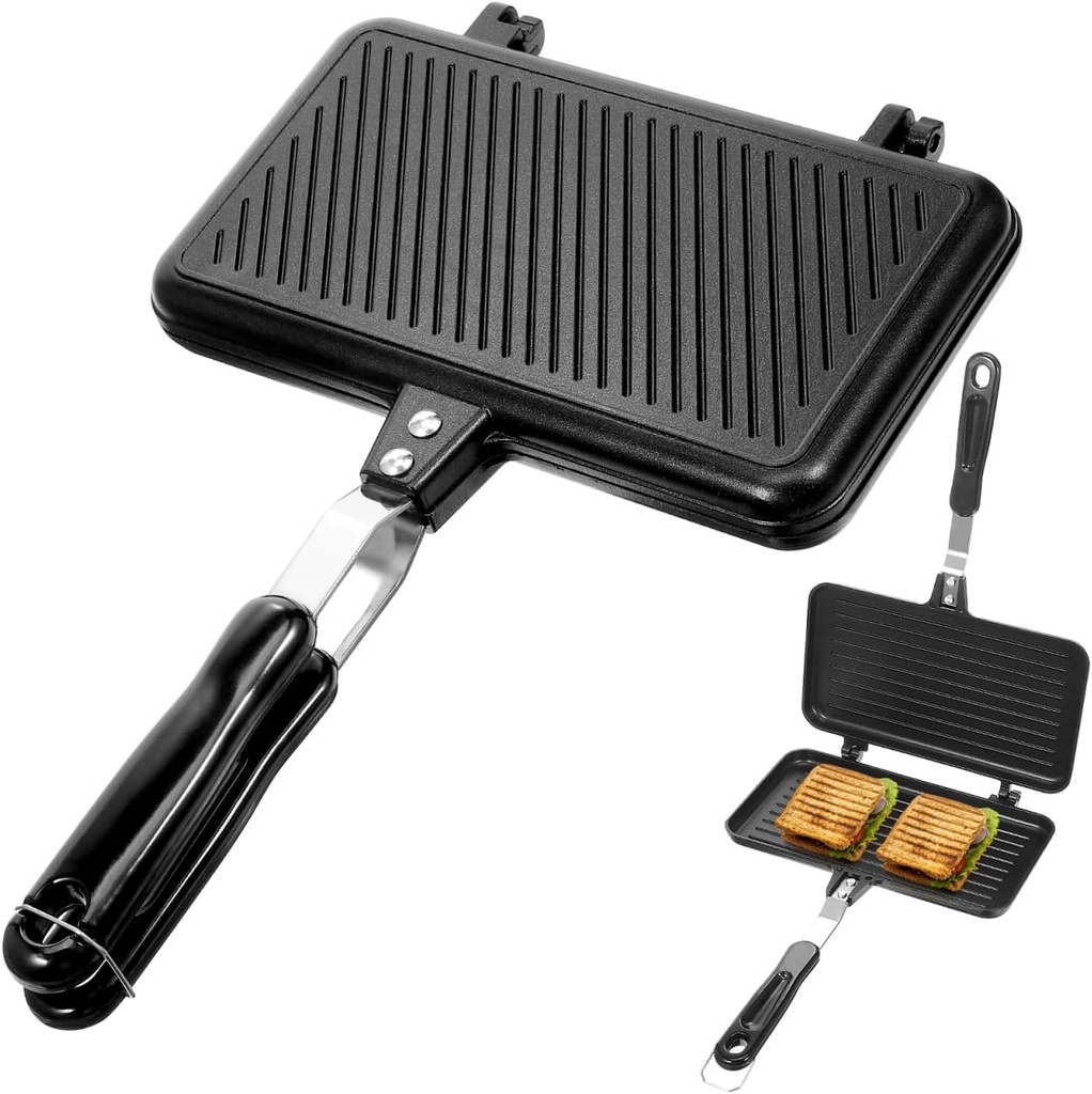 PRETYZOOM Double-Sided Non-Stick Sandwich Frying Pan, Ergonomic Aluminum Baking Plate for Waffles, Steaks, Eggs, and Toasts, 14X 9.4 Inch, Black