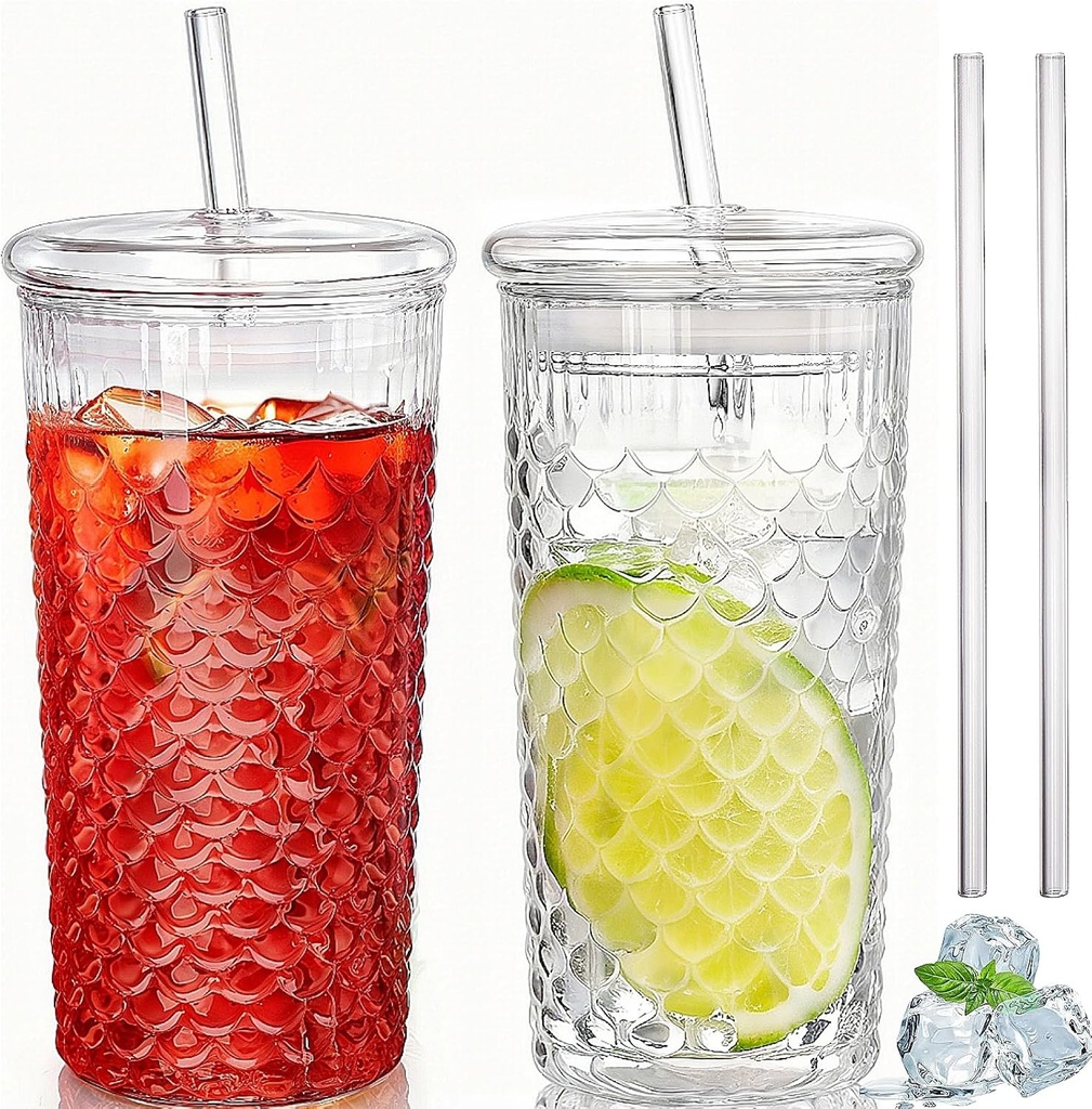 2 Pack Fish Scale Glass Cup With Lids and Straws, 22 OZ High Borosilicate Iced Coffee Tumbler, Embossed Glass Travel Mug for Smoothie Bubble Tea Juice Milk Water