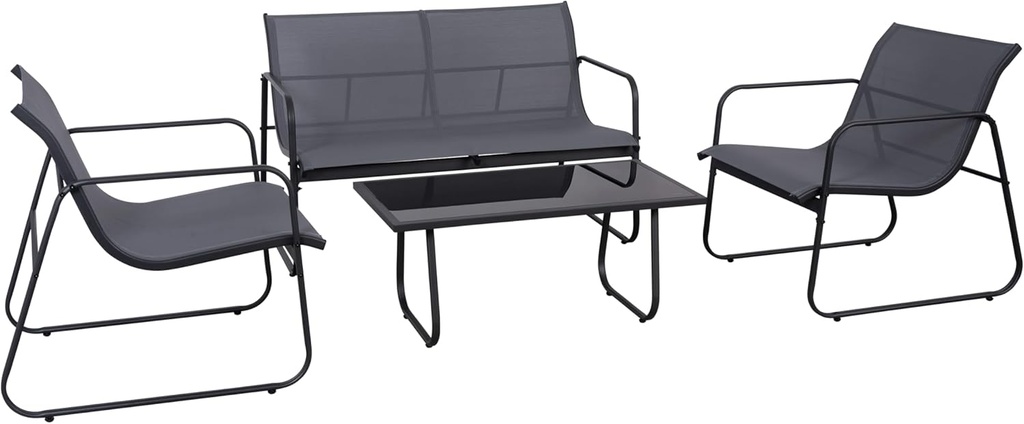 4 Piece Patio Furniture Set, Outdoor Conversations Sets for Patio, Lawn, Garden, Poolside with a Glass Coffee Table, Heathered Grey Fabric with Black Frame