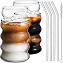 4 Pcs Iced Coffee Glasses with Glass Straws 14oz Thick Drinking Glass Cup Set,Iced Latte Glasses,Cocktail Glasses,Beer Glasses,Ideal for Water,Soda,Tea,Gift - with Cleaning Brushe