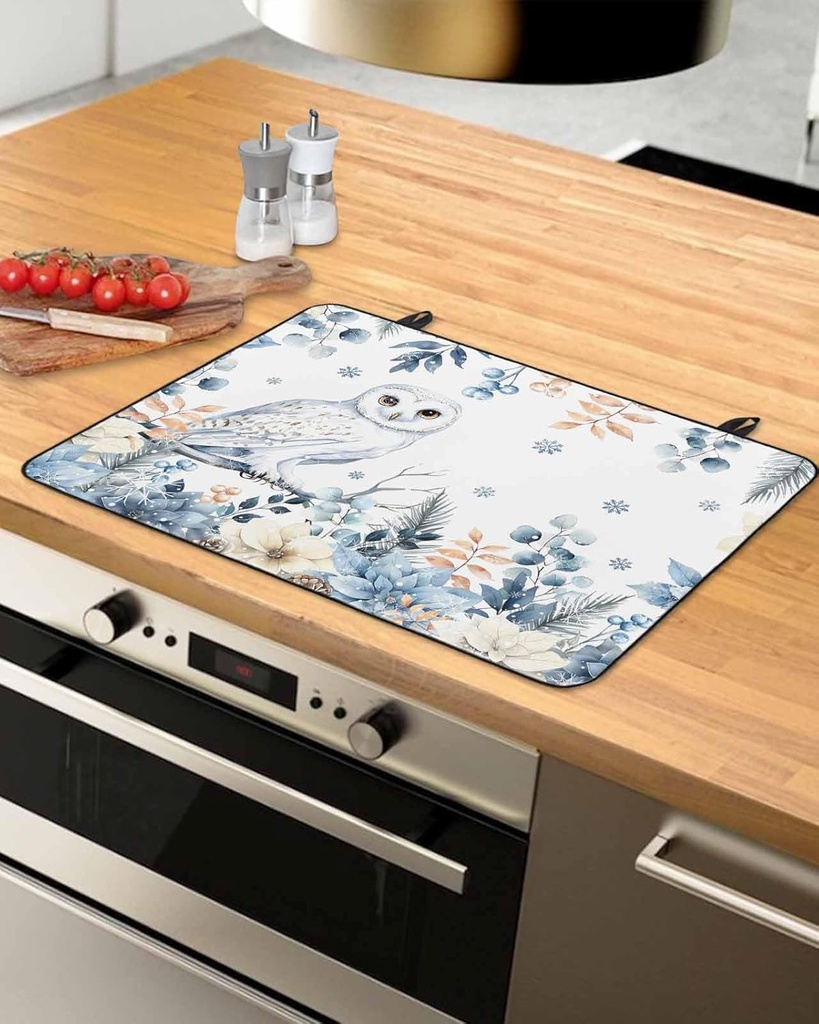 Winter Countertop Burners Protection Mats for Kitchen, Owl Eucalyptus Leaves Bird Christmas Rubber Stove Top Cover Mat, Heat Proof Mats Cooktop Cover for Counter Dish Drying Mat, 31"x24"