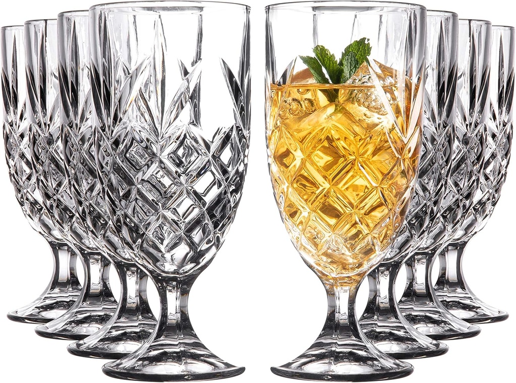 Royalty Art Kinsley Lowball Whiskey Glasses Set, 8 Long-Stem Tumbler, Tall Goblet Style Glassware for Hosting Parties, Events, or Evening Dinners, Bourbon, Scotch or Liquor