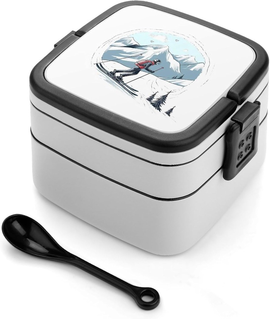 Bento Lunch Box for Women Lunch Containers for Adults Skiing Theme Double Layered Lunchbox Large Capacity Bento Box with Cutlery for Work Picnic Camping Travel