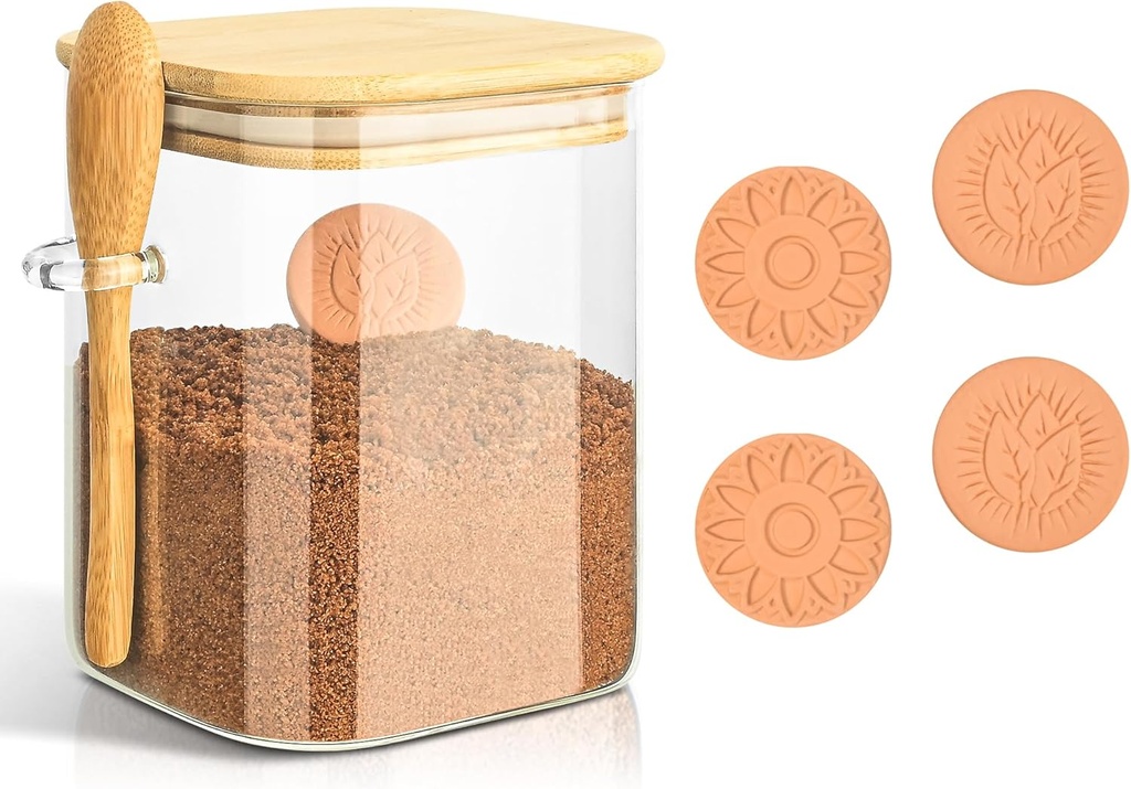 Brown Sugar Keeper Container 850ml, Glass Jar with Lid and Spoon, Airtight Coffee Bean Storage, Includes 4 Terra Cotta Brown Savers for Softening, Perfect for Baking
