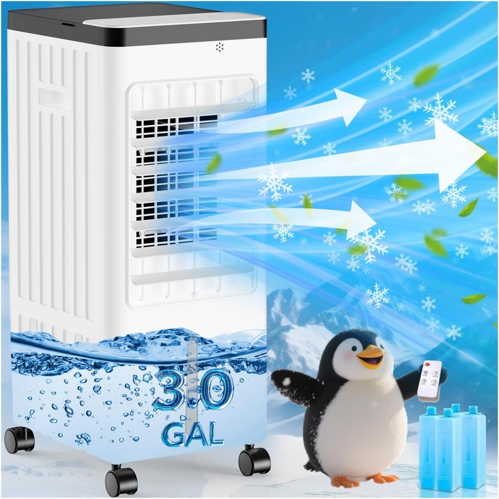 Windowless Portable Air Conditioners, Swamp Cooler with Oscillation, Evaporative Air Cooler with Remote, 7H Timer, Air Coolers Fan with 3Modes&Speeds for Bedroom Indoor Room (White, 9L)