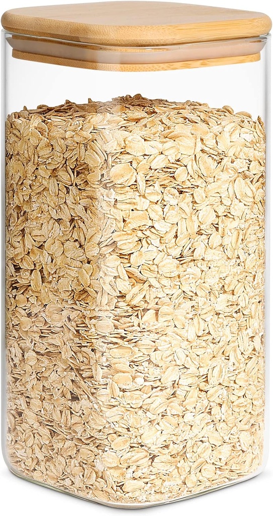 ComSaf Airtight Glass Storage Canister with Wood Lid (50oz), Clear Food Storage Container Jar with Sealing Bamboo Lid for Noodles Flour Cereal Rice Sugar Tea Coffee Beans