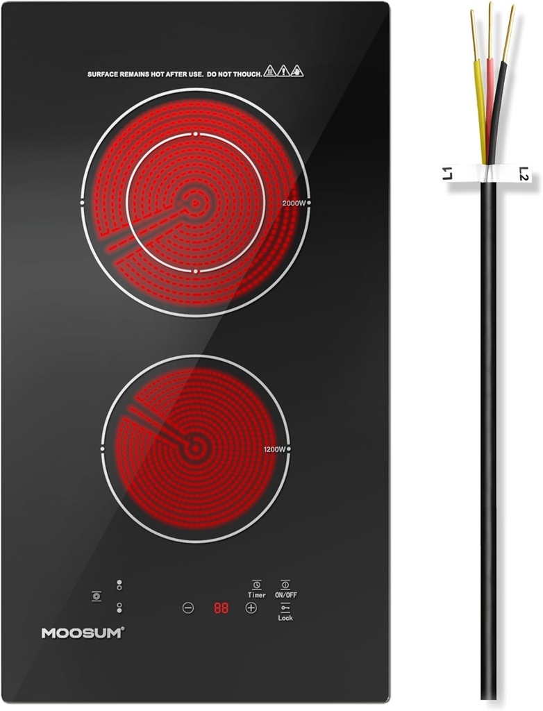 12-inch Electric Cooktop with 2 Burners - 9 Power Levels for Rapid, Even Heating, Compact Design, Child Safety Lock, Ceramic Glass Surface, 220-240V (Plug Not Included)