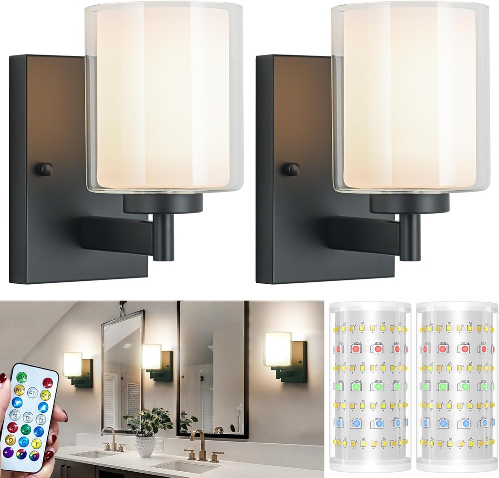 Battery Operated Wall Sconce Set Of 2, 10000mAh Wireless Rechargeable Wall Sconce With Remote Control, RGB Dimmable Bathroom Light Fixtures With Double Clear Glass Shade For Mirror Bedroom Living Room