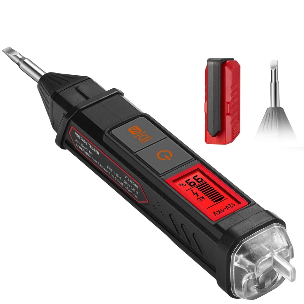 AstroAI VTS1000H Voltage Tester with Screwdriver, Non-Contact Electrical Christmas Light Tester, Dual Range AC 12V/70V-1000V, Live Wire Test, Wire Breakpoint Finder, Audible Alarm, LCD Display, Red