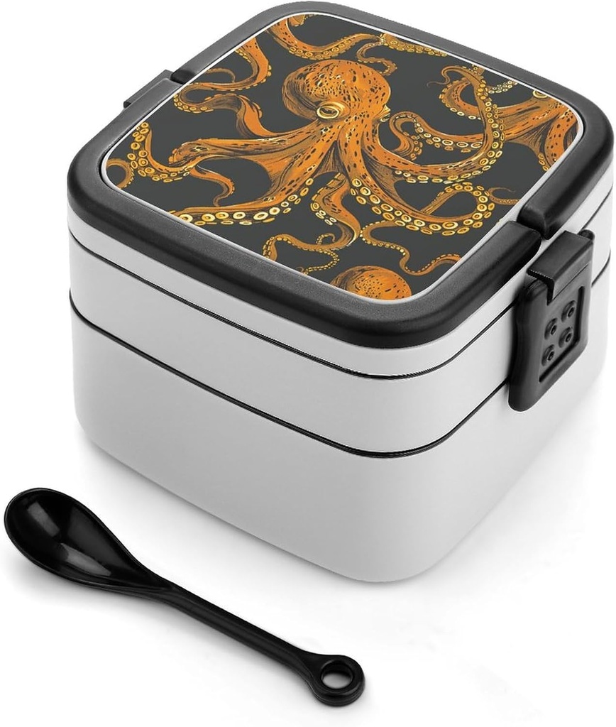 Orange Octopus Pattern Bento Box Adult Lunch Box All-in-One Lunch Containers with Removable Compartments Double Layer Bento Lunch Box with Spoon And Handle Stackable Lunchbox