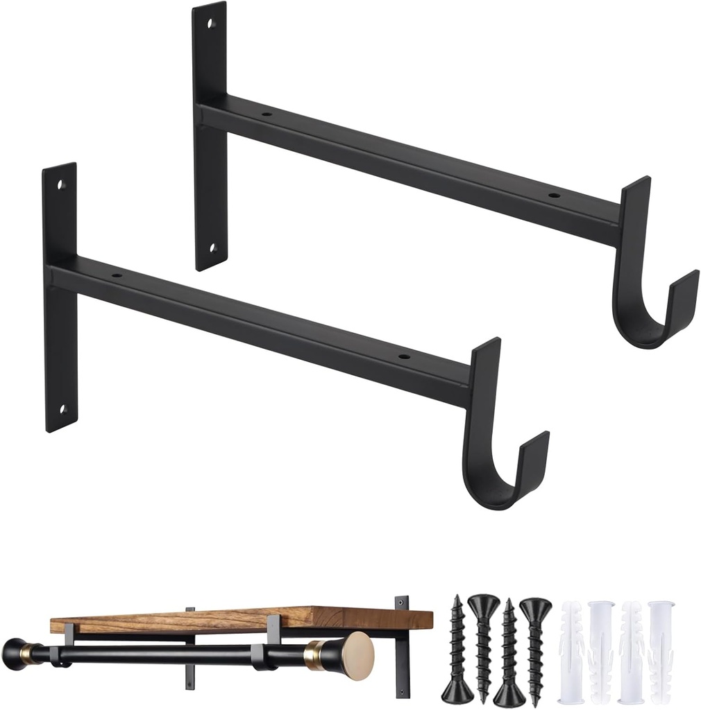 OVOV Closet Rod Bracket Heavy Duty 8 Inch Closet Shelf Brackets with Rod Holder Black Wall Mounted Closet Rod Support Brackets with Hook (2 Pack)