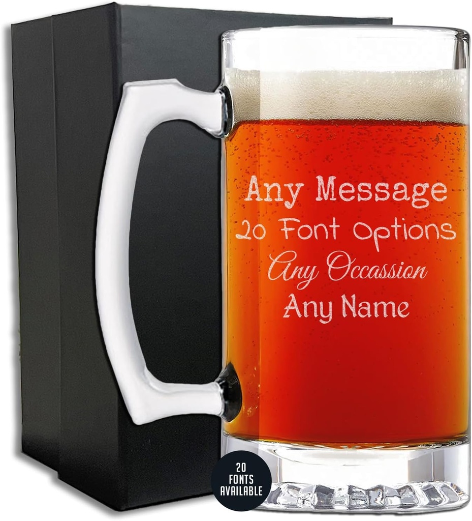 Personalized Etched Custom Message 25oz Glass Beer Mug, Your Text Here, Customized Engraved Groomsmen Gifts, Custom Beer Mug for Men, Father's Day, Birthday Gifts for Him, Regalos Personalizados