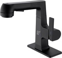Qeemee LED Bathroom Faucet with Pull Out Sprayer, Matte Black Temperature Digital Display Sink Faucet 5 Water Flow Modes, Single Handle RV Bath Vanity Faucets for 1 or 3 Hole