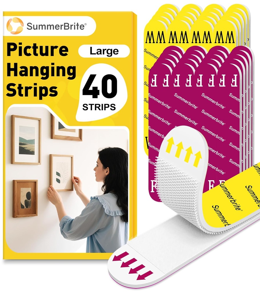 Large Picture Hanging Strips Heavy Duty, Damage Free Picture Hangers for Walls Without Nails/Tools, Wall Sticky Hook and Loop Adhesive Strips Kit for Poster, Home, Office, 40 Strips/20Pairs-Large