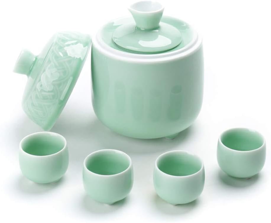Japanese Ceramic Sake Set, 6-Piece Celadon Wine Glass Set with Warmer Pot, Gift Box, Best for Family and Friends