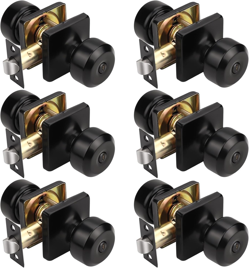 KNOBWELL Black Door Knob, Square Interior Door Knobs, Privacy Door Knob for Bedroom Bathroom, Stainless Steel Keyless Indoor Door Knob, 6 Pack