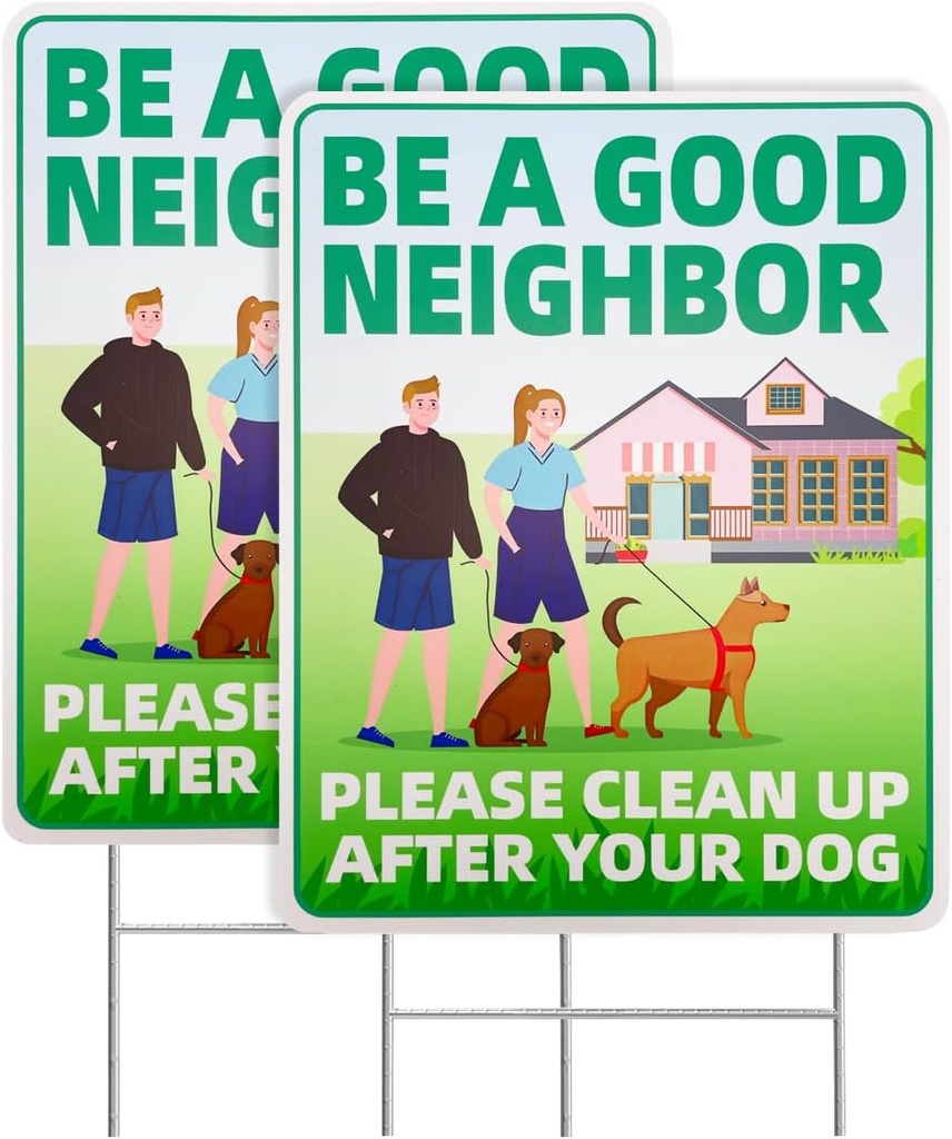 Clean Up After Your Dog Signs, 2 Pack 12"x9" with Metal H-Stakes Be a Good Neighbor No Pooping Dog Signs For Yard Double Sided Pick Up After Your Dog Signs