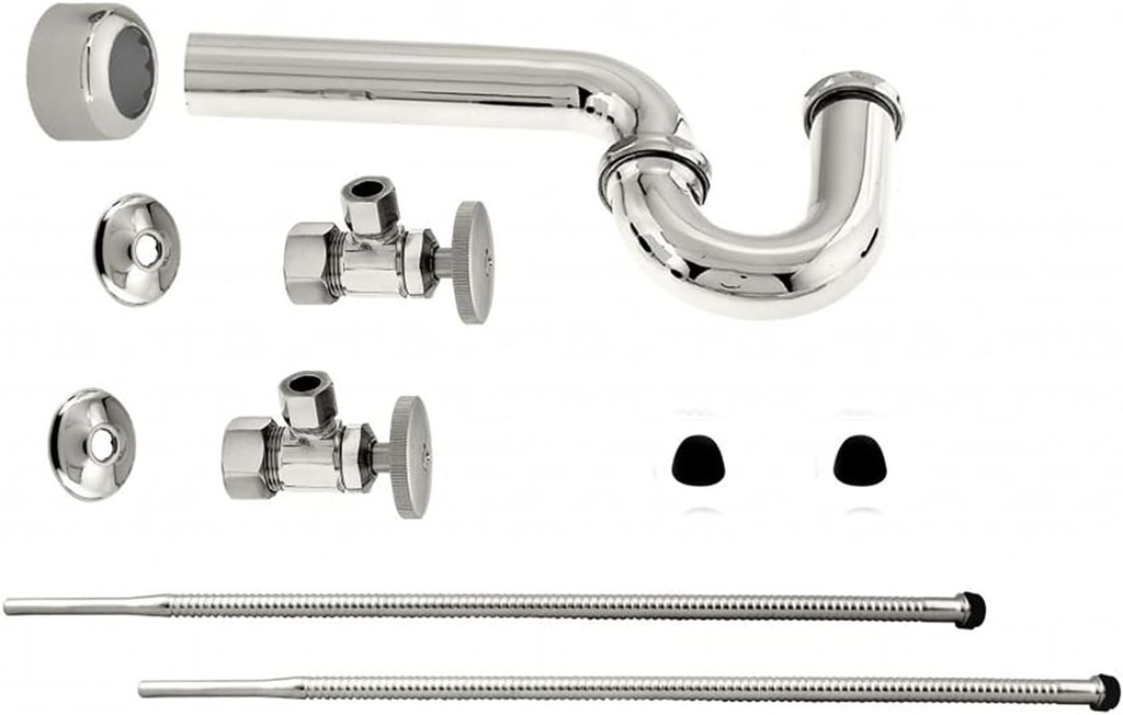 Westbrass D1538L-05 Pedestal Sink Lavatory Supply Line Kit with P-Trap and Round Handle Angle Stops, Polished Nickel