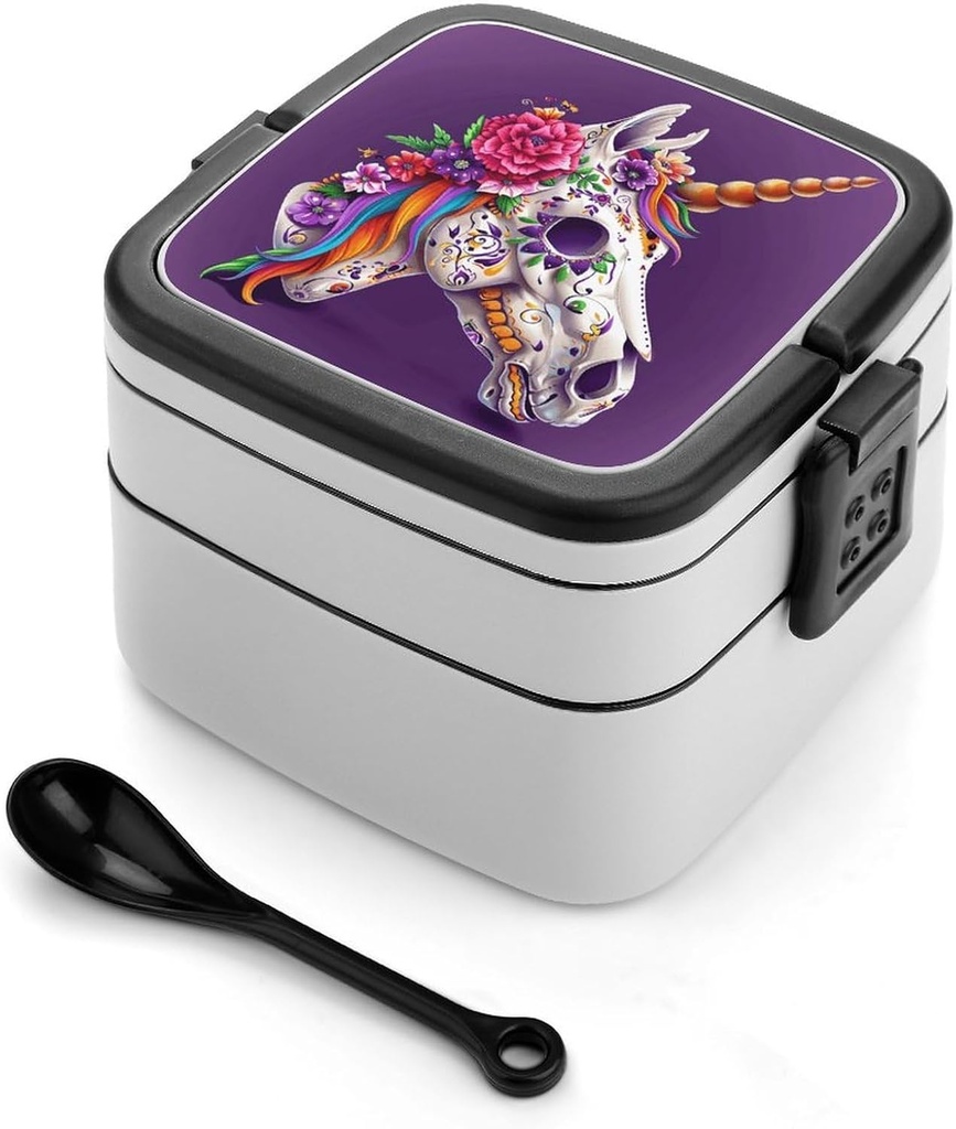 Stackable Double-Layer Bento Box Magic Horse Skull Pattern Adults Lunchbox With Spoon Cute Japanese Bento Box Dishwasher Safe for Work Travel Dining Outc