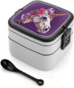 Stackable Double-Layer Bento Box Magic Horse Skull Pattern Adults Lunchbox With Spoon Cute Japanese Bento Box Dishwasher Safe for Work Travel Dining Outc