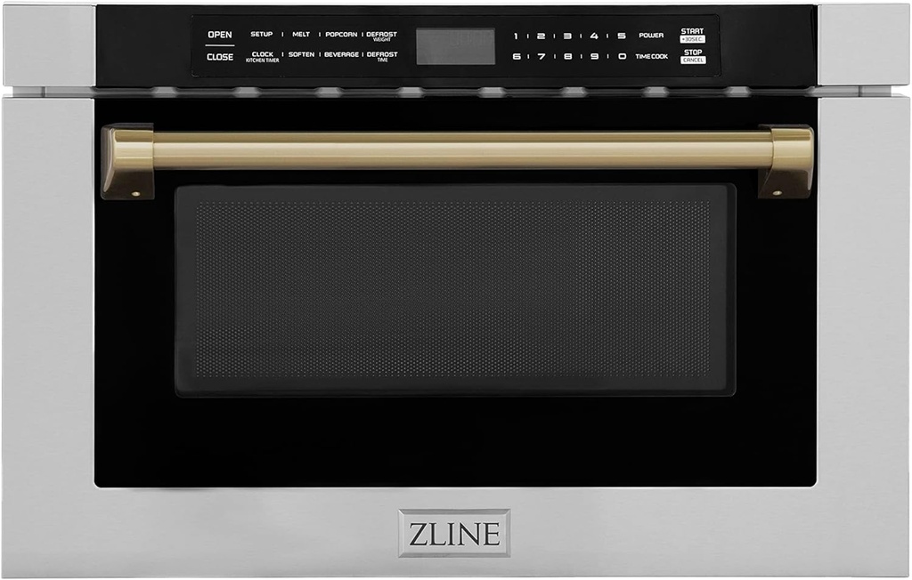 ZLINE Autograph Edition 24" 1.2 cu. ft. Built-in Microwave Drawer with a Traditional Handle in Stainless Steel and Champagne Bronze Accents