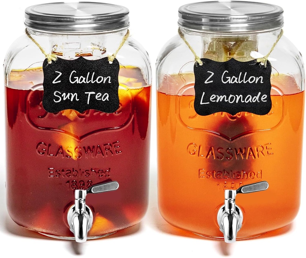 2 PCS 2 Gallon Drink Dispensers - Glass Peverage Dispenser for Parties with 18/8 Stainless Steel Spigots, Lemonade Dispenser Juice, Water Dispensers Sun Tea Glass Jar for Outside, Party‘s Gift