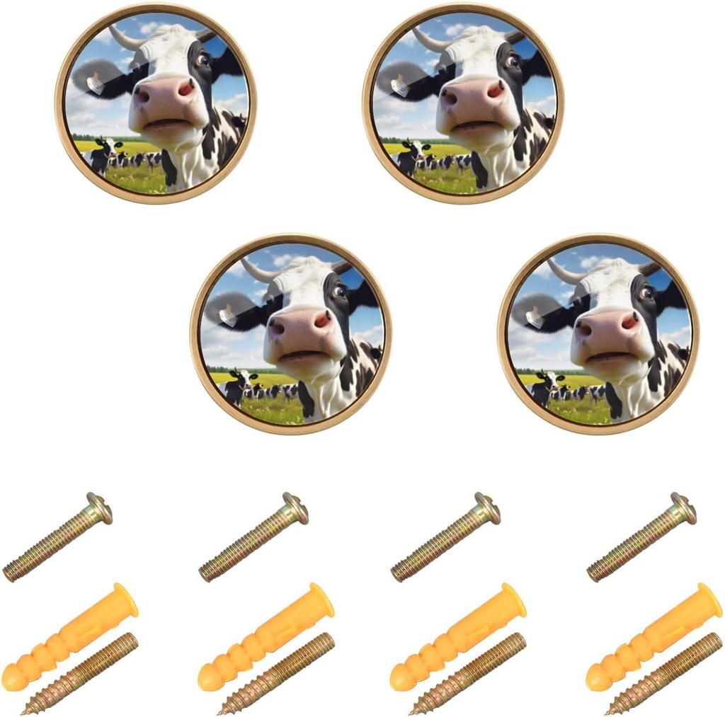 4 Pack Funny Cow Cabinet Knobs Round 1-1/4 Inch (32 mm) Dresser Drawer Pulls Kitchen Cabinet Hardware Handles Knobs for Dresser Kitchen Drawer
