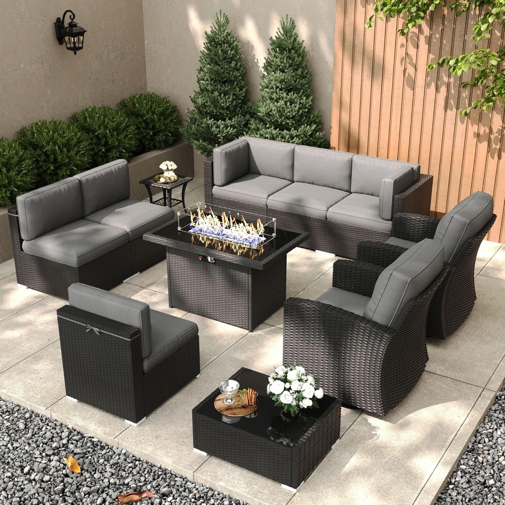 Patio Furniture Set with Fire Pit Table, 11 Pieces Outdoor All-Weather Wicker Conversation Sectional Chair Sofa Set with 2 Swivel Chairs
