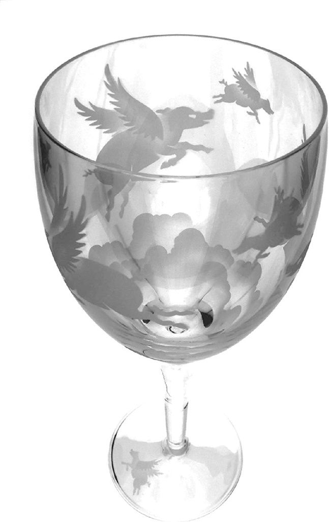 Hand Etched Italian Crystal Goblet Sandblasted (Sand Carved) Handmade Wine Water Glass Engraved (Pigs Flying Over Clouds, 340 Milliliter (11.5 Ounce) White Wine)
