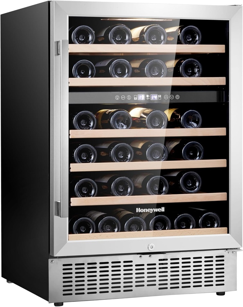 Honeywell 46 Bottle Dual Zone Compressor Wine Cooler Refrigerator, Large Freestanding Wine Cellar For Red, White, Champagne or Sparkling Wine, Digital Temperature Control, Stainless Steel