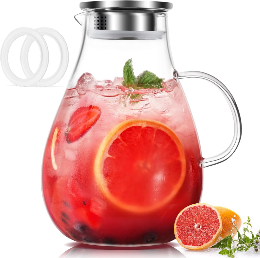 LUNA & MANTHA Glass Pitcher with Lid, 86oz Glass Water Pitcher, Large Hot Cold Water Jug, Borosilicate Drink Jug for Iced Tea, Sangria and Coffee Beverage Carafe with 2 Silicone Rings